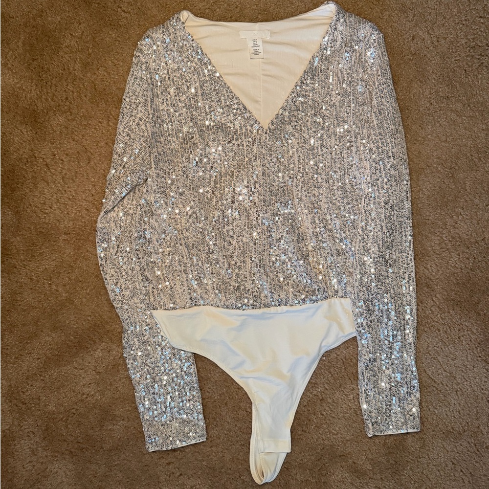 H&M Silver Sequin V-Neck Bodysuit